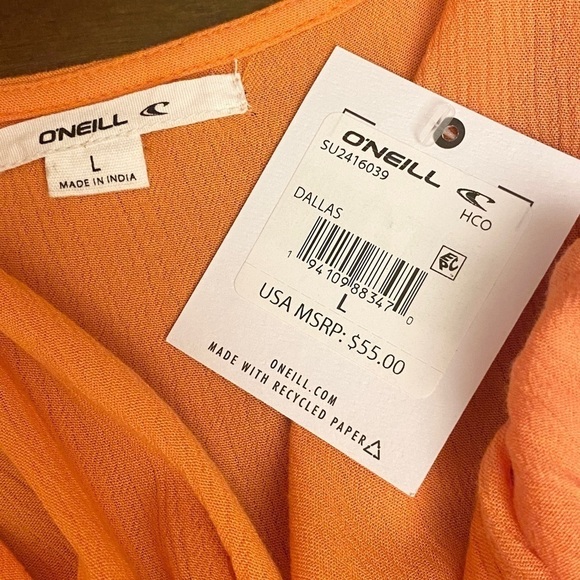 O’Neill NWT Dallas Dress Peach Orange Smocked Beachy Sleeveless Size Large - Picture 8 of 10